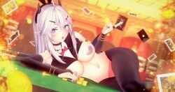 3d belly belly_button bowtie bracelet bracelets breasts breasts_out bunny_ears bunnysuit card casino coin collar deluxe_rosie demon_girl demon_horns elbow_gloves fingerless_gloves gloves heart_pasties hips impossible_clothes indie_virtual_youtuber lying lying_down lying_on_side medium_breasts no_panties open_mouth pasties pointy_ears stomach succubus table thighs tight_clothing veibae virtual_youtuber white_hair wide_hips