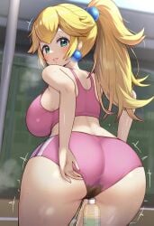 ai_generated ass ass_focus big_breasts big_butt blonde_hair blue_eyes dat_ass fat_ass gigantic_ass golden_shower gym_clothes gym_uniform huge_breasts huge_thighs in_search_of_holy_water light-skinned_female light_skin looking_back mario_(series) massive_breasts nintendo peeing pink_shorts ponytail princess_peach solo_female squatting super_mario_bros. thick_thighs thighs urinating urinating_female urination urine voluptuous voluptuous_female