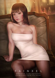 1girls alternate_costume arm arm_support arms_at_sides artist_name bare_arms bare_shoulders black_legwear blurry blurry_background breasts brown_eyes brown_hair chair cleavage collarbone commentary d.va dress english_commentary facial_mark fainxel female female_only highres human human_only legs lips lipstick looking_at_viewer makeup medium_breasts overwatch pantyhose parted_lips patreon_username pink_lipstick short_dress short_hair sitting solo strapless strapless_dress teenager tube_dress watermark web_address white_dress