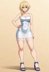 ai_generated blonde_hair blue_eyes blue_sandals breasts hands_on_hips kingdom_hearts looking_at_viewer namine posing tagme thighs white_dress