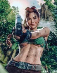 3d absurd_res absurdres athletic athletic_female bare_midriff big_breasts breasts brown_eyes brown_hair busty dirty female female_focus female_only gun hi_res high_resolution highres hourglass_figure kamillho lara_croft lara_croft_(classic) long_hair navel outdoors outside pinup pinup_pose pistol tagme tomb_raider underboob wide_hips