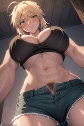 1girls ai_generated big_breasts blonde_hair blush ghost141000 large_breasts light-skinned_female long_hair looking_at_viewer navel pubic_hair saber tank_top unbuttoned_shorts