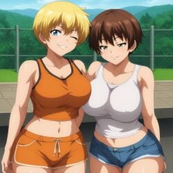 2girls ai_generated anime_style big_breasts blonde_hair blush brown_hair busty curvy denim_shorts female female_only hi_res highres midriff navel original outdoors pony_diffusion_xl seraphim_ai short_hair shorts smile solo stable_diffusion tank_top wink