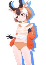 animal_ears bangs bare_legs black_gloves blush breasts brown_eyes brown_hair buruma cameltoe clothes_lift clothing dot_nose extra_ears eyebrows_visible_through_hair female female_only female_solo frontal_wedgie gloves high_resolution horizontal_pupils horns jacket kemono_friends kemono_friends_2 legs long_sleeves looking_to_the_side masuyama_ryou medium_breasts medium_hair multicolored_hair navel no_bra nopan open_cardigan open_clothes open_jacket open_mouth orange_buruma orange_hair orange_jacket pantsu partially_visible_vulva pronghorn_(kemono_friends) pulled_by_self see-through see-through_clothing shiny shiny_skin shirt shirt_lift short_hair short_shorts shorts sidelocks simple_background small_breasts solo standing stomach sweat tail track_jacket two-tone_hair underwear undressing very_high_resolution wet wet_clothes wet_shirt white_background white_hair white_shirt