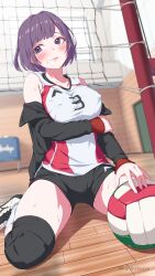 blush clothed kanikatsuya large_breasts nipple_bulge purple_eyes purple_hair short_hair sitting_on_floor tagme volleyball volleyball_(ball) volleyball_net volleyball_shorts volleyball_uniform