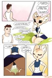 2018 aggressive_retsuko animated anthro black_panties blush cameltoe canine closed_eyes clothing comic dialogue duo english_text eto_ya female fennec fenneko fox hair hi_res human male mammal office_lady open_mouth panties pussy_juice rear_view sanrio shirt smooth_fur tailwag tank_top text underwear upskirt wet_panties