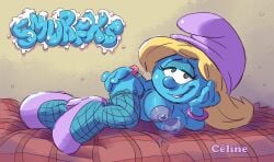 big_breasts black_eyes blonde_hair blue_body blue_skin celine fishnets hat high_heels long_hair meatpencil oc original_character pink_heels pink_high_heels smurf smurfs tagme the_smurfs