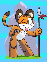 anthro cub cute feline female fur furry green_eyes hi_res jurassiczalar kiki_(jurassiczalar) mammal melee_weapon nipples nude one_eye_closed orange_fur pink_nose polearm pussy solo spear tiger tongue tongue_out tribal weapon whiskers wink young