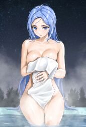 1girls big_breasts blue_eyes blue_hair chaesu cleavage collarbone completely_nude completely_nude_female exhibitionism exhibitionist forest forest_background hot_spring looking_at_viewer medium_breasts minah night night_sky nude nude_female nudist onsen outdoors sitting thighs towel wet