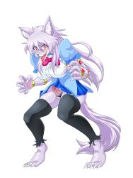 3:4 absurd_res accessory anthro barefoot big_breasts blue_clothing blush bottomwear breasts canid canine canis censored censored_genitalia claws clothing corruption fangs feet female fur genitals grey_body grey_fur grey_hair hair hi_res humanoid intersex jewelry legwear leona_(mgratmd) long_tongue magical_girl_outfit magical_girl_rika_and_the_monster_dungeon male_focus mammal morumotto2234 nipples open_mouth pawpads penis red_eyes simple_background skirt solo stockings teeth toe_claws tongue torn_clothing transformation wolf