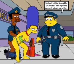 1girls 2boys bag blue_hair breasts chief_wiggum clothing dark-skinned_male dark_skin dildo doggy_style female hat human indoors lockandlewd lou_(the_simpsons) male male/female marge_simpson mostly_nude_female necklace nipples panties pants_down police_hat police_officer policeman sex straight straight_sex text text_bubble the_simpsons yellow_skin