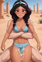 ai_generated aladdin aladdin_(1992_disney_film) arabic biting_lip blue_bikini cum_in_panties cumming cumming_in_clothes desert disney disney_princess middle_eastern_female partial_male penis_in_panties princess_jasmine tenting thigh_sex