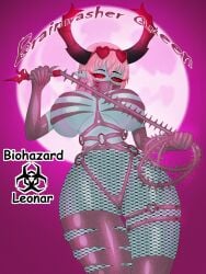 biohazardleonar blind brainwasher_queen claws female fishnets heart-shaped_eyewear mask moon moonlight pink_hair red_eyes sexy siren solo_female spines succubus succubus_horns whip