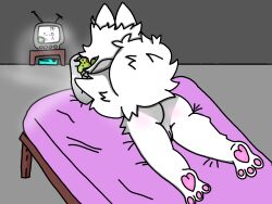 alex bed blush feet furry gray_background gray_fur light oc paws playing_videogame pookyelgato purple_bed_sheet tv vaginal_fluids white_fur