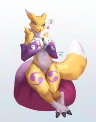absurd_res anthro areola armwear asking bandai_namco big_breasts bodily_fluids breasts bridal_gauntlets clothing digimon digimon_(species) female genitals heart_eyes heart_symbol hi_res jaugy lactating nipples pussy renamon solo speech_bubble tail thick_thighs yin_yang