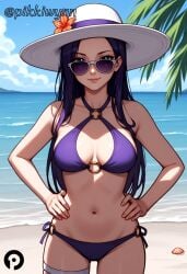 ai_generated bare_shoulders beach bikini blue_sky breasts caitlyn_kiramman cloud collarbone cowboy_shot day female flower halterneck hands_on_hips hat hat_flower league_of_legends lips long_hair looking_at_viewer looking_over_eyewear medium_breasts navel o-ring o-ring_bikini ocean outdoors pikkiwynn purple_bikini purple_eyes purple_hair side-tie_bikini_bottom sky smile solo standing stomach sun_hat sunglasses swimsuit thigh_strap tinted_eyewear white_headwear