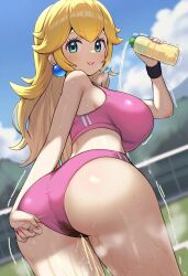 ai_generated ass ass_focus big_breasts big_butt blonde_hair blue_eyes dat_ass fat_ass gigantic_ass golden_shower gym_clothes gym_uniform huge_breasts huge_thighs in_search_of_holy_water light-skinned_female light_skin long_hair looking_back mario_(series) massive_breasts nintendo peeing pink_shorts princess_peach solo_female squatting super_mario_bros. thick_thighs thighs urinating urinating_female urination urine voluptuous voluptuous_female