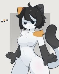 anthro barely_visible_genitalia barely_visible_pussy black_hair breasts domestic_cat featureless_breasts felid feline felis female fur genitals hair hi_res mammal multicolored_body multicolored_fur multicolored_tail nude pussy sadbox10 simple_background solo tail tuft