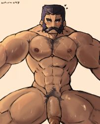 balls bara blush facial_hair flaccid kamado_(pokemon) male male_only moustache muscles muscular muscular_male nintendo nude penis pokemon saturn297 solo solo_male sweat sweating