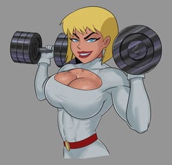 1girls blonde_hair cartoon_network dc dc_comics female female_only galatea huge_breasts justice_league_unlimited short_hair solo sunsetriders7 sweat sweatdrop toonami workout