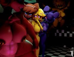 absurd_res animatronic anthro areola avian axel_in_harlem bear big_breasts bird blue_eyes bonnie_(cally3d) bonnie_(fnaf) breasts buckteeth canid canine chica_(cally3d) chica_(fnaf) chicken eyeshadow female five_nights_at_freddy's fox foxy_(cally3d) foxy_(fnaf) freddy_(fnaf) fredina's_nightclub fredina_(cally3d) galliform gallus_(genus) genitals glowing glowing_eyes golden_freddy_(fnaf) golden_fredina_(cally3d) group hi_res i_put_the_new_forgis_on_the_jeep inside lagomorph leporid looking_back machine makeup mammal meme nipple_piercing nipples nude one_eye_obstructed phasianid piercing pink_eyes pussy rabbit robot scottgames teeth tenshi_ai thick_thighs