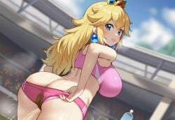 ai_generated ass ass_focus big_breasts big_butt blonde_hair blue_eyes dat_ass fat_ass gigantic_ass golden_shower gym_clothes gym_uniform huge_breasts huge_thighs in_search_of_holy_water light-skinned_female light_skin long_hair looking_back mario_(series) massive_breasts nintendo peeing pink_shorts princess_peach solo_female squatting super_mario_bros. thick_thighs thighs urinating urinating_female urination urine voluptuous voluptuous_female