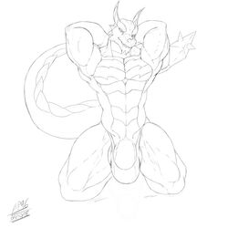 angrypotato96 anthro big_penis bulge clothing dragon greyscale hands_behind_back huge_cock kneeling looking_at_viewer male male_only monochrome muscular muscular_male penis sketch solo underwear