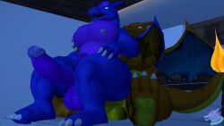 2024 3d 3d_(artwork) abs absurd_res anal anal_sex anthro balls bed bedroom big_muscles big_pecs big_penis bodily_fluids charizard claws digital_media_(artwork) dragon duo erection fire furniture gay generation_1_pokemon genital_fluids genitals hair hi_res kabalmystic_(artist) male male/male male_penetrated male_penetrating male_penetrating_male membrane_(anatomy) membranous_wings muscular muscular_anthro muscular_male mythological_creature mythological_scalie mythology nintendo nipples nude on_bed open_mouth orange_body pecs penetration penis pokemon pokemon_(species) purple_body scalie sex shaded signature simple_background sonaizard sonaizard_(character) tail teeth toe_claws wings