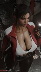 1boy big_breasts breast dark-skinned_male female_only green_eyes interracial left_4_dead leggings long_hair louis_(left_4_dead) open_jacket patreon_username ponytail red_jacket red_lj solo tied_hair valve valve_(company) weapon zoey_(left_4_dead)