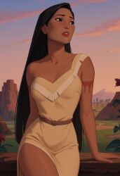 1girls ai_generated angel_light angel_light_(artist) black_hair disney disney_princess dress pocahontas pocahontas_(character) princess