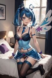 ai_generated blue_angel_(yu-gi-oh) blue_eyes blue_hair blue_lingerie garter_belt garter_straps lingerie stockings yu-gi-oh!