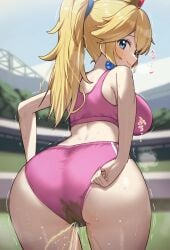 ai_generated ass ass_focus big_breasts big_butt blonde_hair blue_eyes dat_ass fat_ass gigantic_ass golden_shower gym_clothes gym_uniform huge_breasts huge_thighs in_search_of_holy_water light-skinned_female light_skin looking_back mario_(series) massive_breasts nintendo peeing pink_shorts ponytail princess_peach solo_female squatting super_mario_bros. thick_thighs thighs urinating urinating_female urination urine voluptuous voluptuous_female