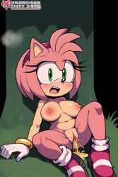 accidental_exposure accurate_art_style ai_generated amy_rose blushing boots embarrassed exhibitionism exposed exposed_breasts exposed_pussy forest furry gloves gold_jewelry green_eyes hiding hiding_behind_object hiding_in_bushes laying_down leaning leaning_against_tree leaning_against_wall nude nude_female peeing peeing_in_woods peeing_on_ground pink_fur pink_hair pink_nipples pussy pussy, pussy_juice sonic_(series) sonic_the_hedgehog_(series) surprise surprised surprised_expression unexpected urinating_female urination urine urine_on_ground urine_stream watersports