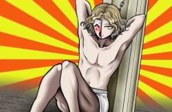 blonde_hair blush chains danganronpa danganronpa_another fanganronpa male_only mask official_art sannoji_mikado sdra2 stripped super_danganronpa_another_2 sweat underwear yellow_eyes