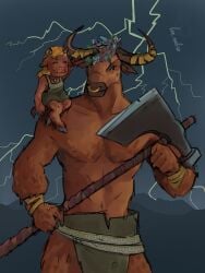 axe color daughter father furry furry_only greece horns lightning_bolt minotaur mythological_creature piercing