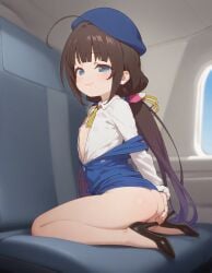 hinatsuru_ai blue_eyes brown_hair stewardess_uniform slutty_female slutty_body sexy_pose tempting tempting_viewer petite_female pretty_girl beautiful_girl slim_female miniskirt bare_legs indoor offering_to_viewer ai_generated flat_chest heavenly_body