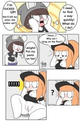 2:3 anthro beanie black_clothing black_hat black_headwear black_shirt black_topwear blue_bottomwear blue_clothing blue_shorts blush bodily_fluids bottomwear breasts brown_hair chinchilla chinchillid cleavage clothed clothing comic dialogue duo english_text eyelashes female genitals grey_beanie grey_clothing grey_hat grey_headwear hair hat headgear headwear hi_res lagomorph leporid male mammal misunderstanding nervous nervous_sweat orange_hair penis ponytail profanity rabbit rodent shirt shorts speech_bubble spread_legs spreading sweat tail text tina_(tonytoran) tony_(tonytoran) tonytoran topwear undressing undressing_self vulva waking_up