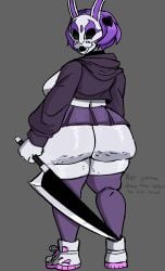 anthro anthro_female anthrofied ass ass_focus breasts bubble_ass bubble_butt butt butt_focus chubby_ass chubby_butt clothed clothed_female clothing dumptruck_ass dumptruck_butt fat_ass fat_butt heart holding holding_object huge_ass huge_butt knife leggings legwear looking_at_viewer mask masked masked_female neon_violet neon_white oil oiled oiled_ass oiled_skin oily oily_skin presenting presenting_ass presenting_butt purple_hair rabbit rabbit_ears rabbit_girl ribznsfw shoes standing thick thick_ass thick_butt thick_thighs