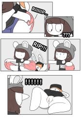 2:3 anthro beanie black_clothing black_hat black_headwear black_shirt black_topwear blue_bottomwear blue_clothing blue_shorts bodily_fluids bottomwear breasts brown_hair carrying_another chinchilla chinchillid clothing comic duo eyes_popping_out female genitals grey_beanie grey_clothing grey_hat grey_headwear hair hat headgear headwear hi_res lagomorph leporid lying male male/female mammal nervous nervous_sweat on_back orange_hair piggyback pink_bottomwear pink_clothing pink_shorts rabbit ripping_clothing rodent shirt short_tail shorts sleeping spread_legs spreading sweat tail text tina_(tonytoran) tony_(tonytoran) tonytoran topwear vulva