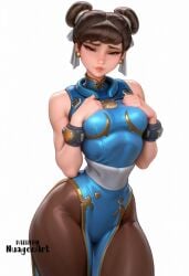 1girl adapted_costume ai_generated artist_name bare_shoulders blizzard_entertainment bracelet breasts brown_eyes brown_hair china_dress chinese_clothes chun-li double_bun dress earrings hair_bun hair_ribbon hands_on_own_chest jewelry juno_(overwatch) lips looking_at_viewer medium_breasts nuageeart overwatch overwatch_2 pantyhose pelvic_curtain ribbon sash sensitive short_hair simple_background sleeveless solo thick_thighs thighs white_background wide_hips