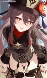 ai_generated artist_name blush chinese_dress creampie cum_drip dark_brown_hair explicit_pussy female flower_in_hair genshin_impact hat hu_tao_(genshin_impact) large_breasts long_hair nipples nude partially_clothed purple_hair pussy_juice red_eyes shineinsfw shiny_skin smile solo sweat wet_skin