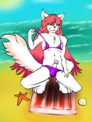 :3 anthro artemis_tsukino beach bikini bulge clothed clothing crossdressing erection feline feline fur girly hair humanoid_penis long_hair long_tail male mammal marine nipples paws penis pink_eyes pink_hair pink_nose seashell seaside solo starfish swimsuit unknown_artist white_fur