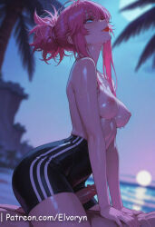 machi_komacine hunter_x_hunter female ai_generated hi_res pink_hair blue_eyes short_hair light_skin younger_female shorts smile closed_mouth mischievous_smile seductive penis sitting_on_person sitting cowgirl_position before_sex male lying grabbing touching side_view exposed_breasts medium_breasts areolae nipples sweatdrop looking_down looking_at_side lipstick