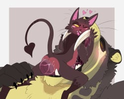 5:4 anthro arm_tuft black_eyebrows black_lips blush bodily_fluids brown_body brown_fur cheek_tuft duo elbow_tuft eyebrows facial_tuft fangs felid fur green_body green_fur grey_body grey_fur head_tuft hi_res imperatorcaesar in_mouth leg_markings lips looking_pleasured male male_anthro mammal markings mouth_play muscular muscular_anthro muscular_male narrowed_eyes nude one_eye_closed pink_inner_ear red_body red_fur saliva saliva_on_arm saliva_on_butt saliva_on_tongue simple_background size_difference slim_anthro slim_male socks_(marking) spade_tail tail teeth tuft