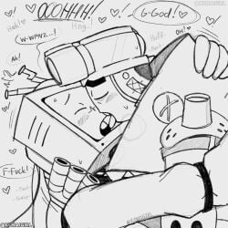2boys black_and_white clothed dialogue gasping gay gay_male grinding grinding_through_clothes gunshow_(smg4_ship) humping kissing kunaigirl licking licking_face making_out moan moaning mr._puzzles mr._wpnz no_visible_genitalia object_head on_back on_bed panting robot screen_face sketch sketch_page smg4 sweatdrop sweating whimpering