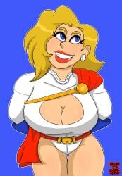1female 1girl 1girls arms_behind_back belt belt_buckle big_breasts blonde-haired_female blonde_female blonde_hair blonde_hair_female blue_eyed_female blue_eyes blue_eyes_female blue_gloves boob_window breasts cape cleavage cleavage_cutout dc dc_comics dopeisnukat female female_kryptonian female_only gloves huge_breasts kara_zor-l karen_starr kryptonian large_breasts leotard power_girl power_girl_cosplay_pose_(missfaves) red_cape red_lipstick self_upload sfw smile superhero superheroine superman_(series) thick_thighs thighs white_leotard