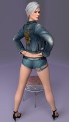 1girls 2019 3d 3d_(artwork) absurd_res absurdres alternate_outfit ass ass_focus back_view back_view_female beautiful_woman belt belted_shorts black_highlights christie_(doa) dead_or_alive dead_or_alive_5 denim_jacket denim_short_shorts denim_shorts hands_on_hips high_heels high_resolution highres jean_shorts mature_woman philosophoholic163 purple_eye short-haired_female short_shorts shorts source_request standing standing_at_attention tight_shorts tomboy unbothered white-haired_female wink winking_at_viewer