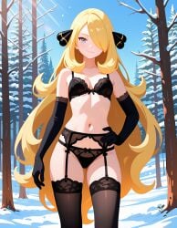 1girl 1girls 2026 ai_generated ass_visible_through_thighs black_bra black_garter_belt black_garter_straps black_panties black_thighhighs blonde_hair bra breasts closed_mouth cowboy_shot cynthia_(pokemon) day female female_only forest garter_belt garter_straps gloves grey_eyes hair_over_one_eye hand_on_hip hi_res highres human lace-trimmed_bra lace-trimmed_panties lace_trim lingerie lingerie_only looking_at_viewer navel nintendo outdoors panties pokemon pokemon_dppt sky small_breasts smile snow solo standing thighhighs very_long_hair wavy_hair winter
