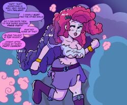 coupytf curly_hair dialogue english_text identity_death intelligence_drain intelligence_loss iq_loss large_breasts my_little_pony pinkie_pie_(mlp) rarity_(mlp) speech_bubble text torn_clothes transformation twinning