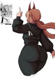 kimboscraft power_(chainsaw_man) chainsaw_man 1girls big_ass huge_ass ass 1girl long_hair pants from_behind horns ponytail jacket blonde_hair pointing hood cropped_legs middle_finger demon demon_girl